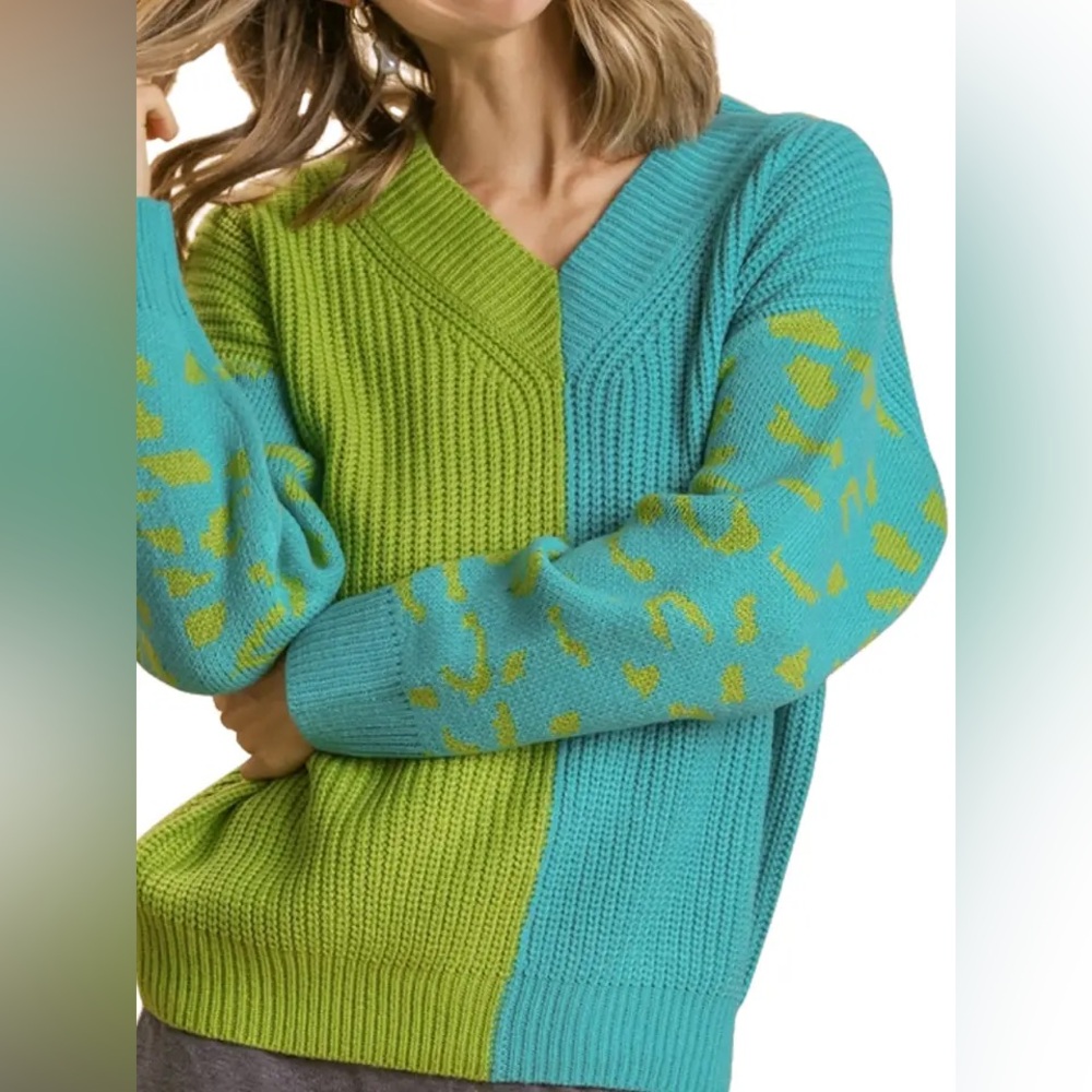 Umgee Made Up My Mind Two Toned green and blue leopard V-neck Knit Sweater